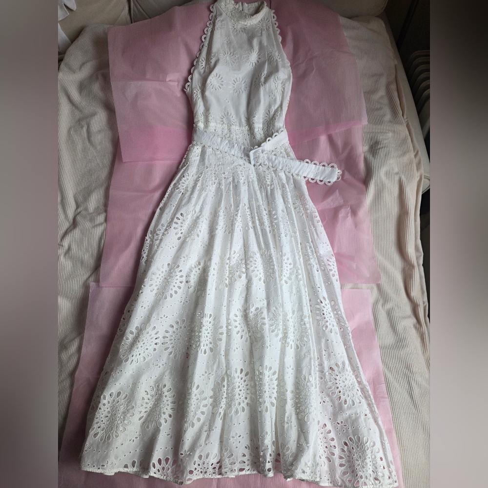 ZARA Openwork Embroidered Midi Dress ZW COLLECTION oyster white Nwt - Picture 4 of 16
